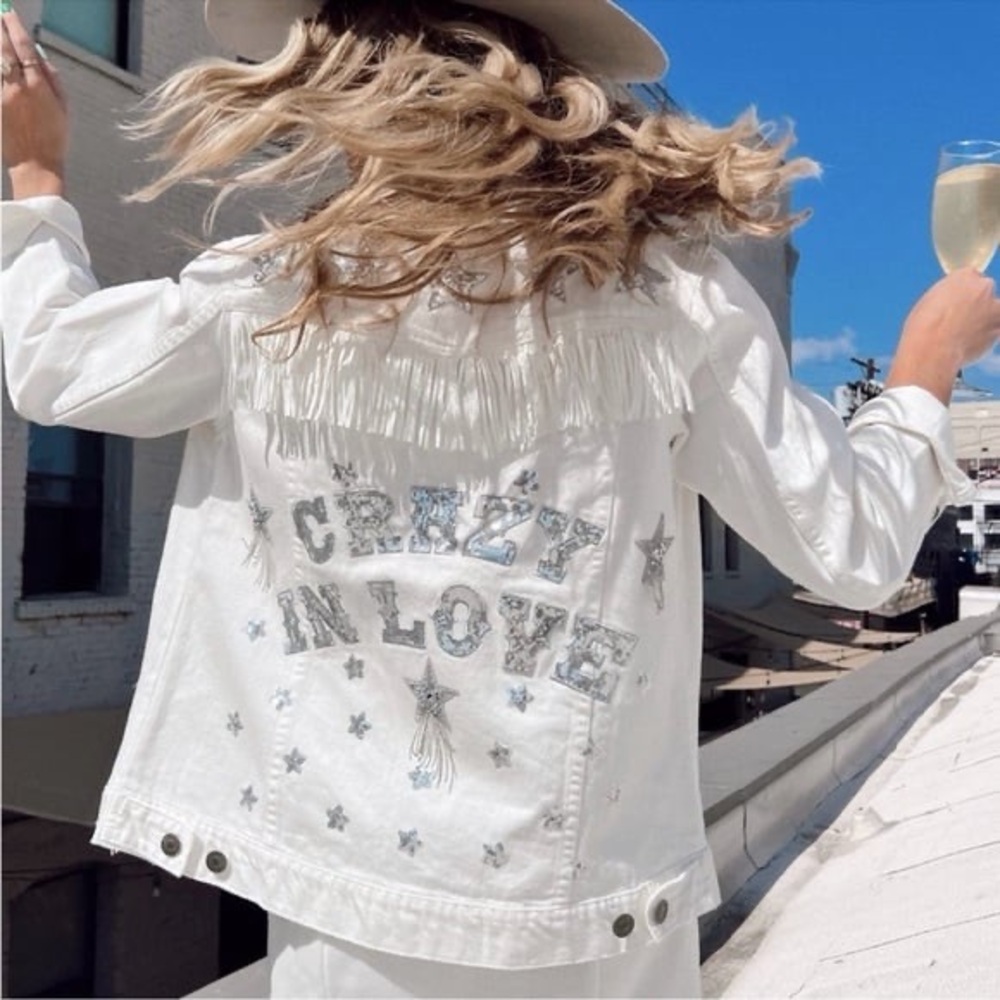Show Me Your Mumu CRAZY IN LOVE White Fringe Tassel Embellished Denim Jacket